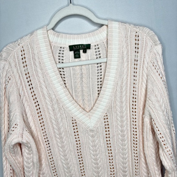 Lauren Ralph Lauren Cable Knit Sweater Size X Cotton Pink White Classic Preppy - Picture 4 of 9